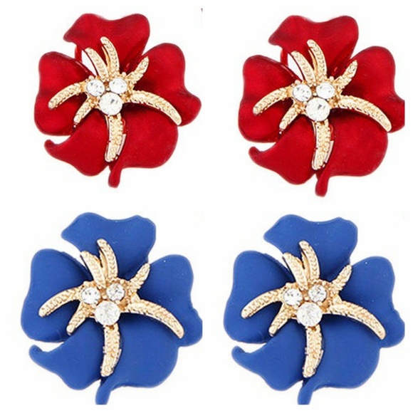 Custom Jewelry - Hand Painted Red & Blue Crystal Flower Earrings